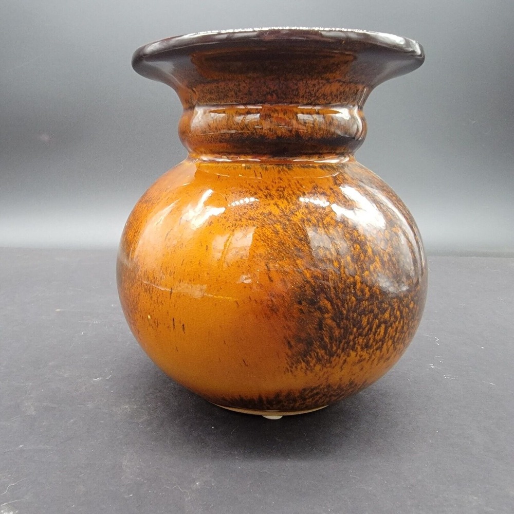 Vintage 6" Tall Vase Copper Brown with Sparkle Glazed Crazing Round‎ Shiny